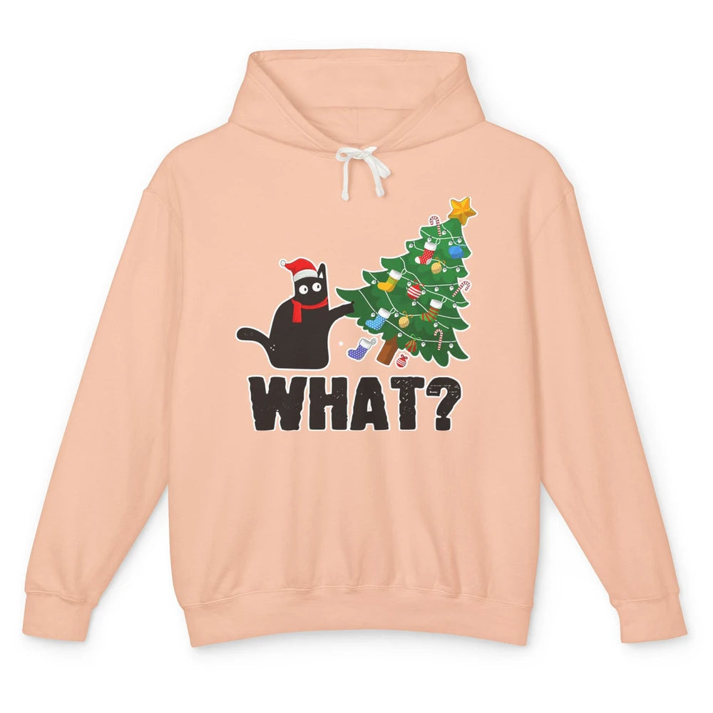 Black Cat Pushing Christmas Tree What Xmas Lights Santa Hat Unisex Lightweight Hoodie