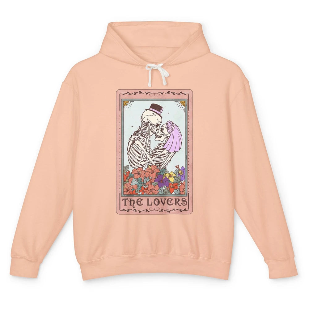 The Lovers Funny Skeleton Couple Tarot Card Vintage Valentine Astrology Goth Skull Lover Floral Heart Unisex Lightweight Hoodie