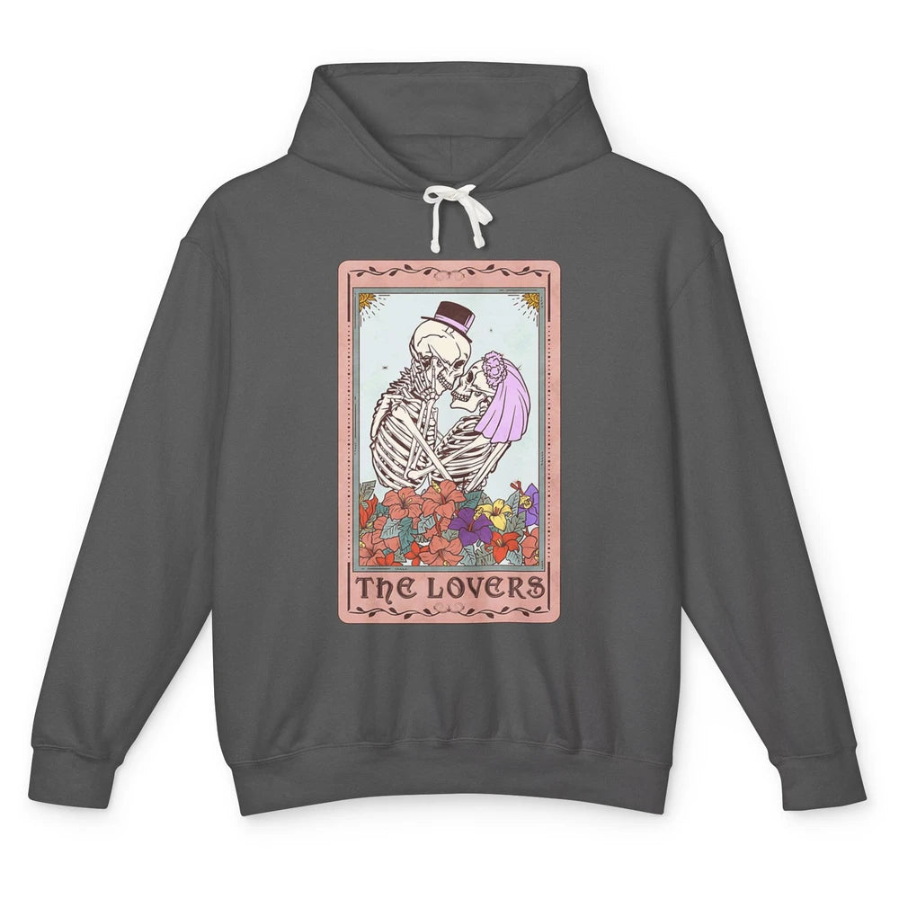 The Lovers Funny Skeleton Couple Tarot Card Vintage Valentine Astrology Goth Skull Lover Floral Heart Unisex Lightweight Hoodie