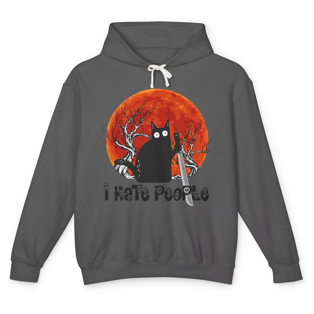 Black Cat Murderer I Hate People Pumpkin Halloween Costume Unisex Lightweight Hoodie