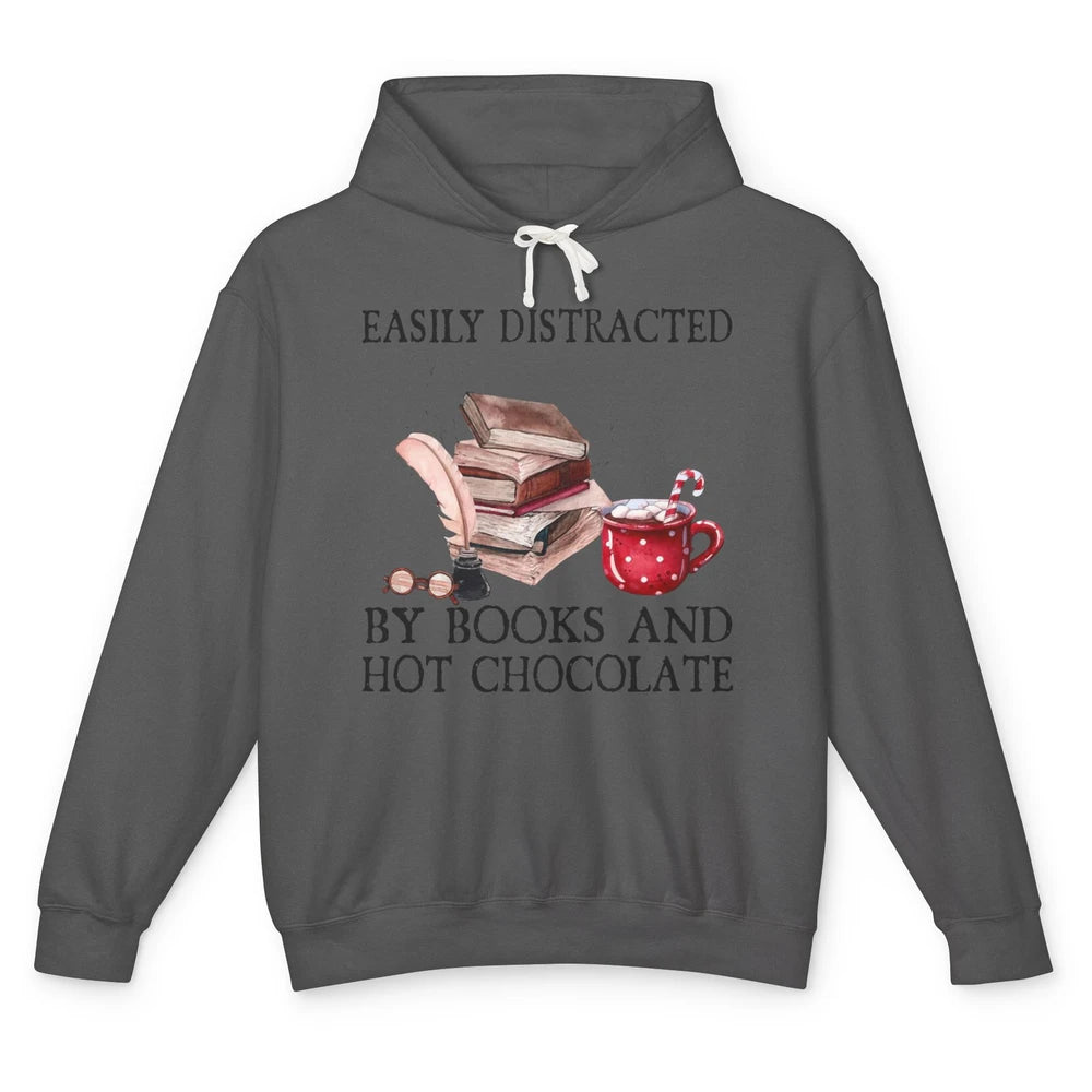 Retro Easily Distracted By Books And Hot Chocolate Christmas Unisex Lightweight Hoodie