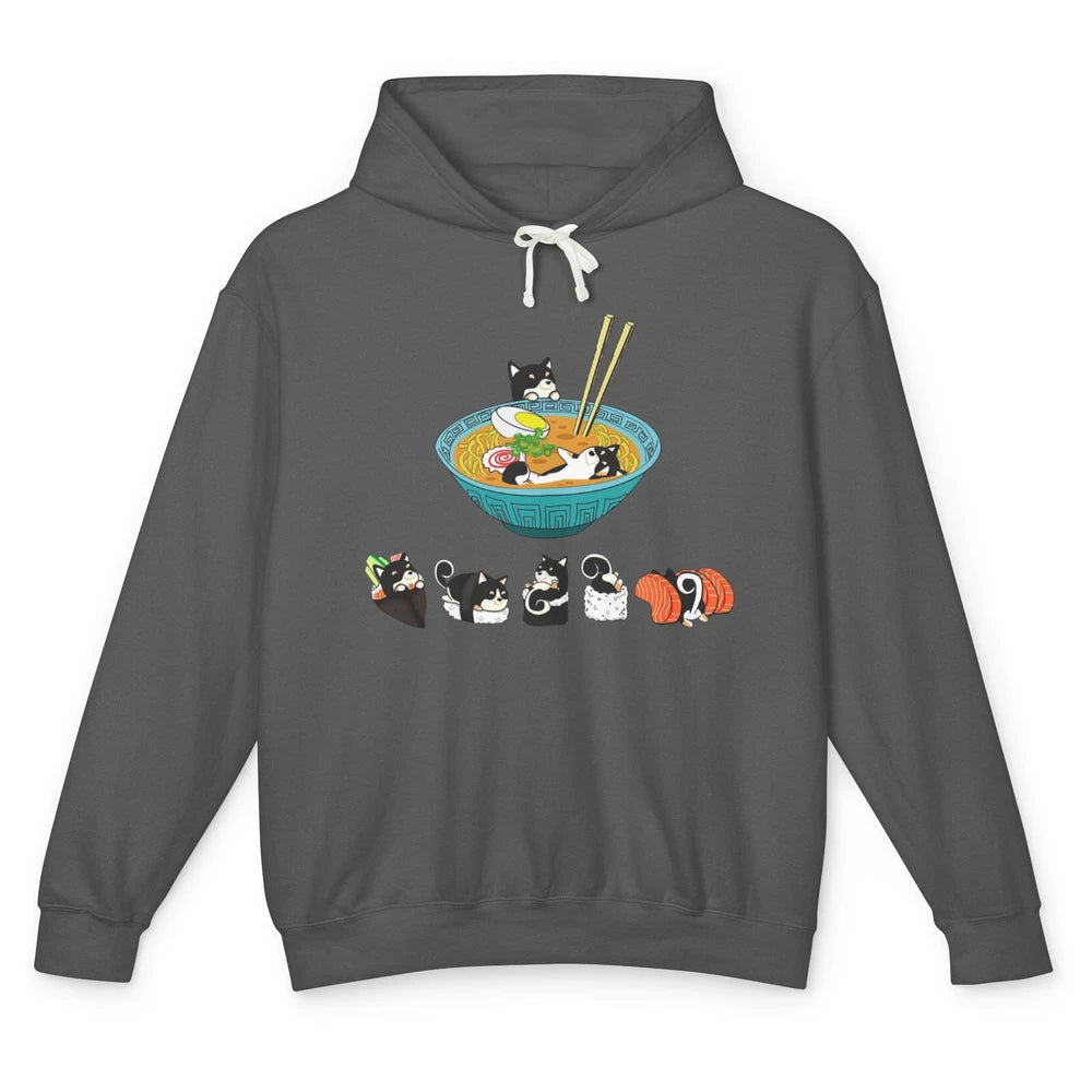 Funny Black Shiba Inu Sushi Ramen Bowl Japanese Kawaii Dog Unisex Lightweight Hoodie