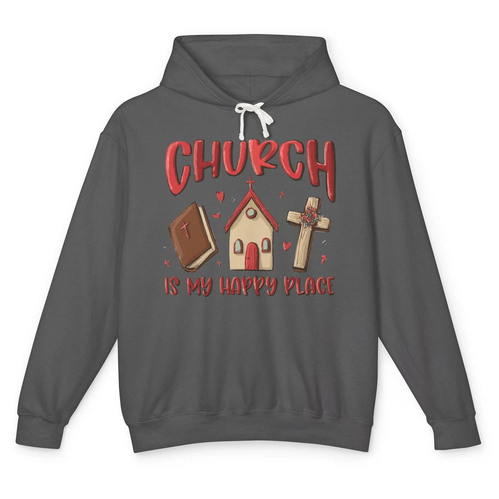 Retro Christmas Church Is My Happy Place Christian Hand Draw Unisex Lightweight Hoodie