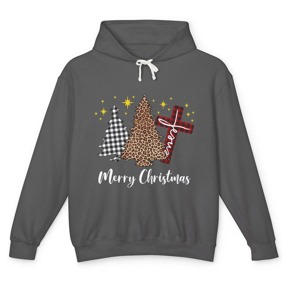 Merry Christmas Xmas Tree Cross Red Plaid Christian Leopard Unisex Lightweight Hoodie