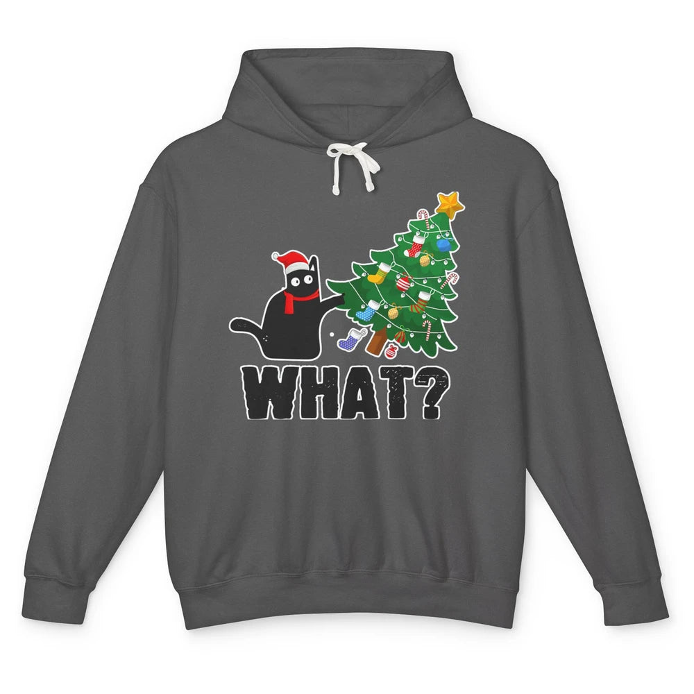 Black Cat Pushing Christmas Tree What Xmas Lights Santa Hat Unisex Lightweight Hoodie