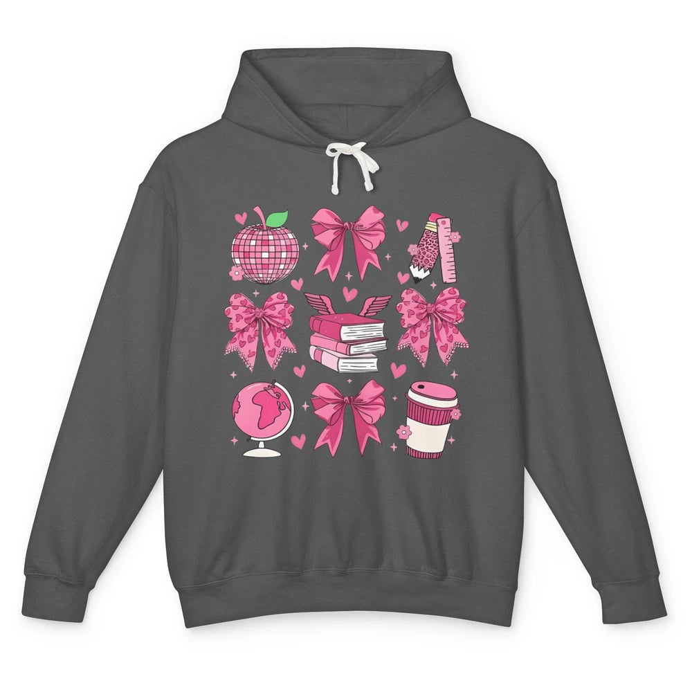 Cute Set Of Bows Coquette Coffee Apple Pink Valentine's Day Love Leopard Heart Back To School Latte Book Teacher Students Unisex Lightweight Hoodie