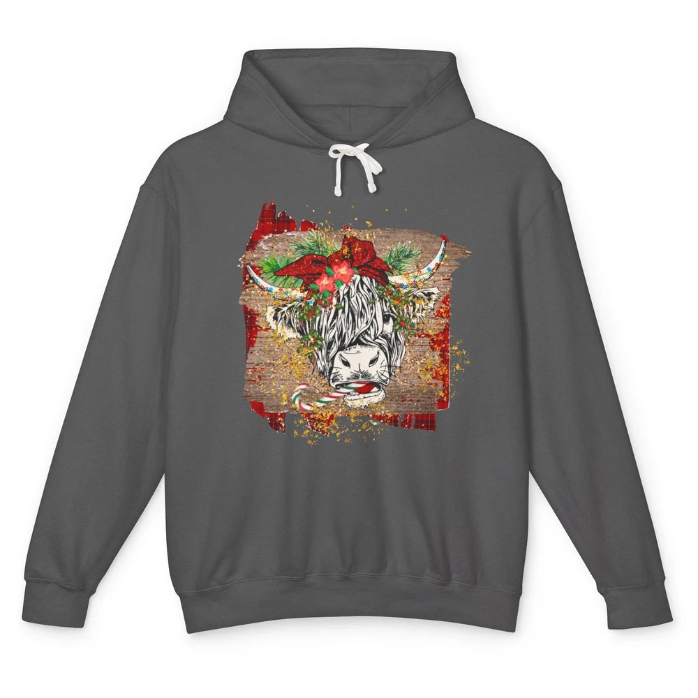 Christmas Highland Cow Bandana Western Christmas Cow Plaid Unisex Lightweight Hoodie