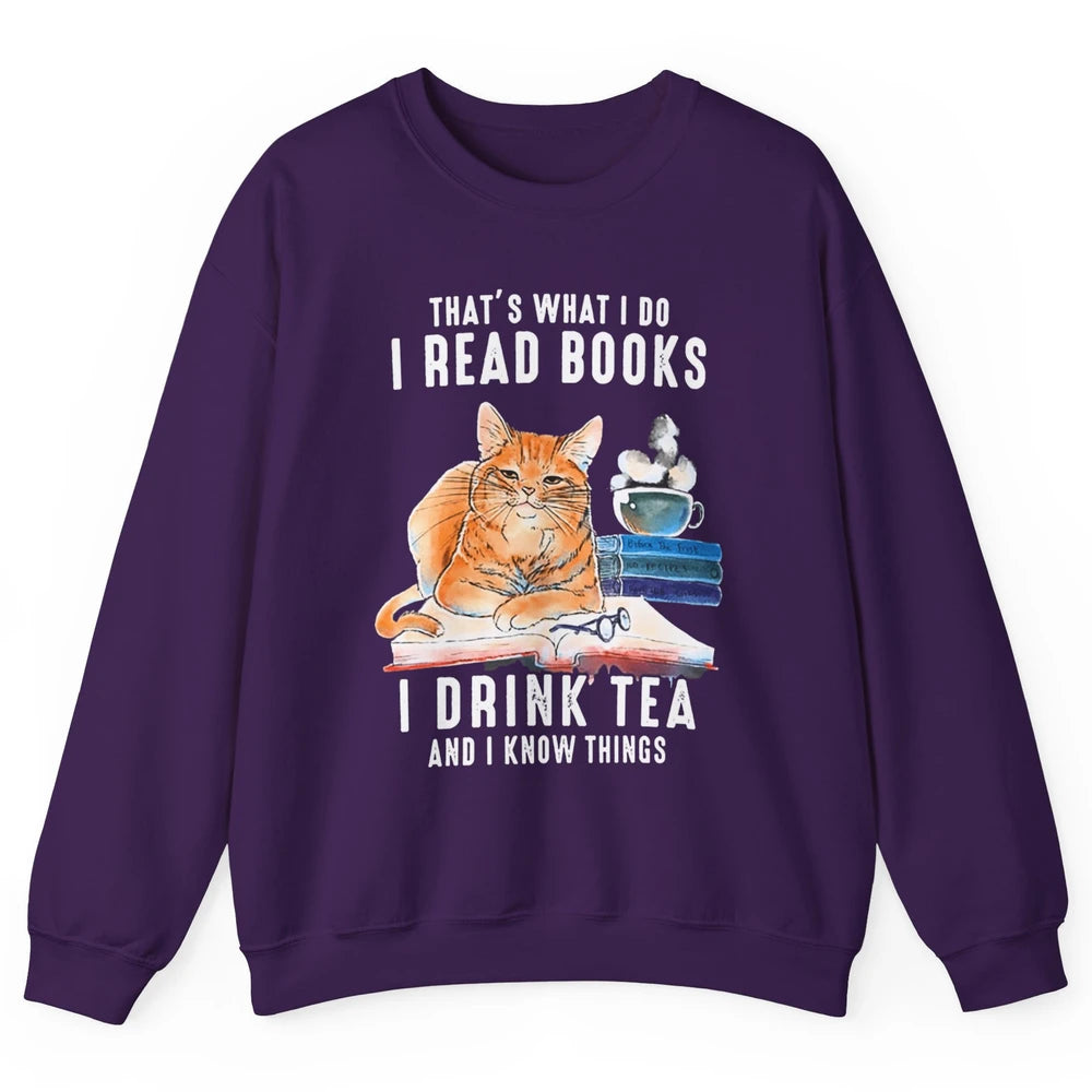 Funny That What I Do I Read Books Drink Tea And I Know Things Sarcastic Orange Cat Book Reader Kitten Bookworm Unisex Crewneck Sweatshirt