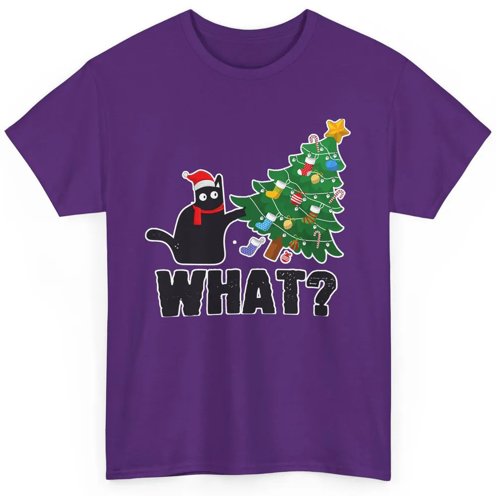 Black Cat Pushing Christmas Tree What Xmas Lights Santa Hat Classic Unisex T-Shirt