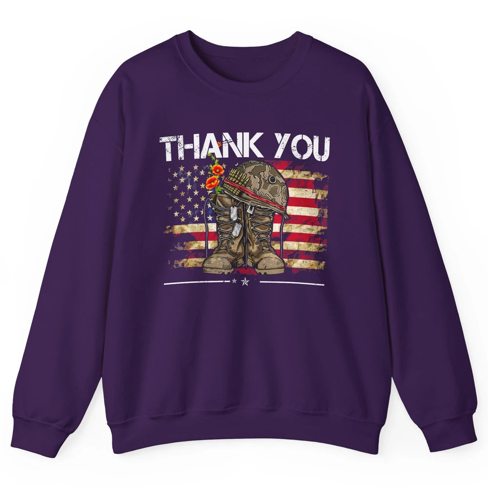 Vintage Veteran US Flag Thank You Military Boot Memorial Day Unisex Crewneck Sweatshirt