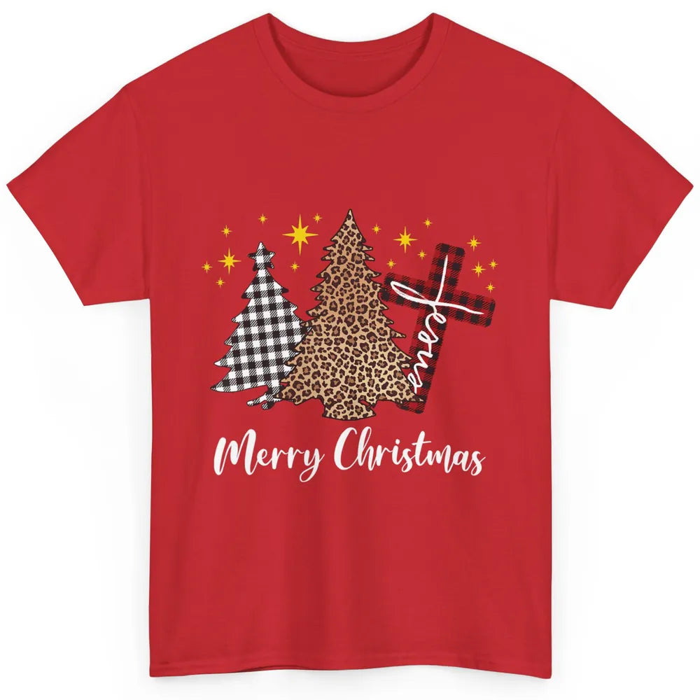 Merry Christmas Xmas Tree Cross Red Plaid Christian Leopard Classic Unisex T-Shirt