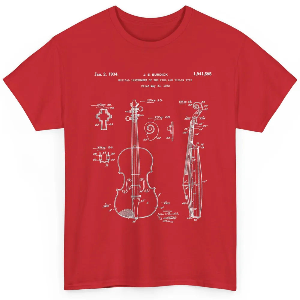 Vintage Patent Drawing Print Violin Player Retro Violinist Classic Unisex T-Shirt