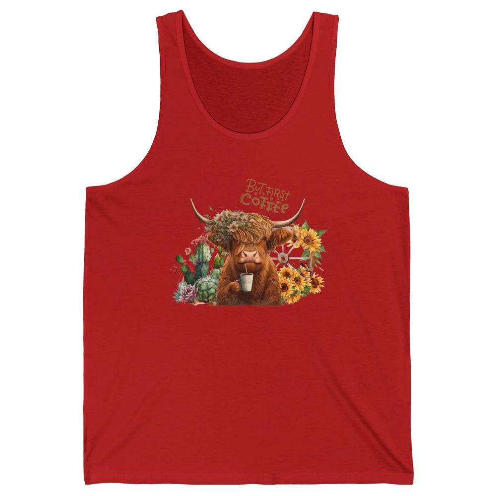 Desert Highland Cow But First Coffee Western Country Animal Unisex Jersey Tank