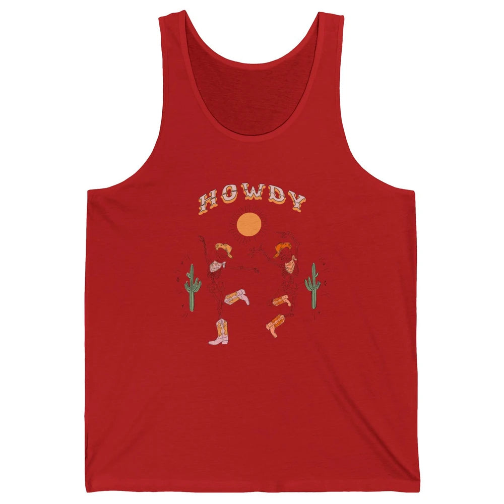 Retro Desert Skeleton Dancing Cowboy Boots Hat Howdy Western Unisex Jersey Tank