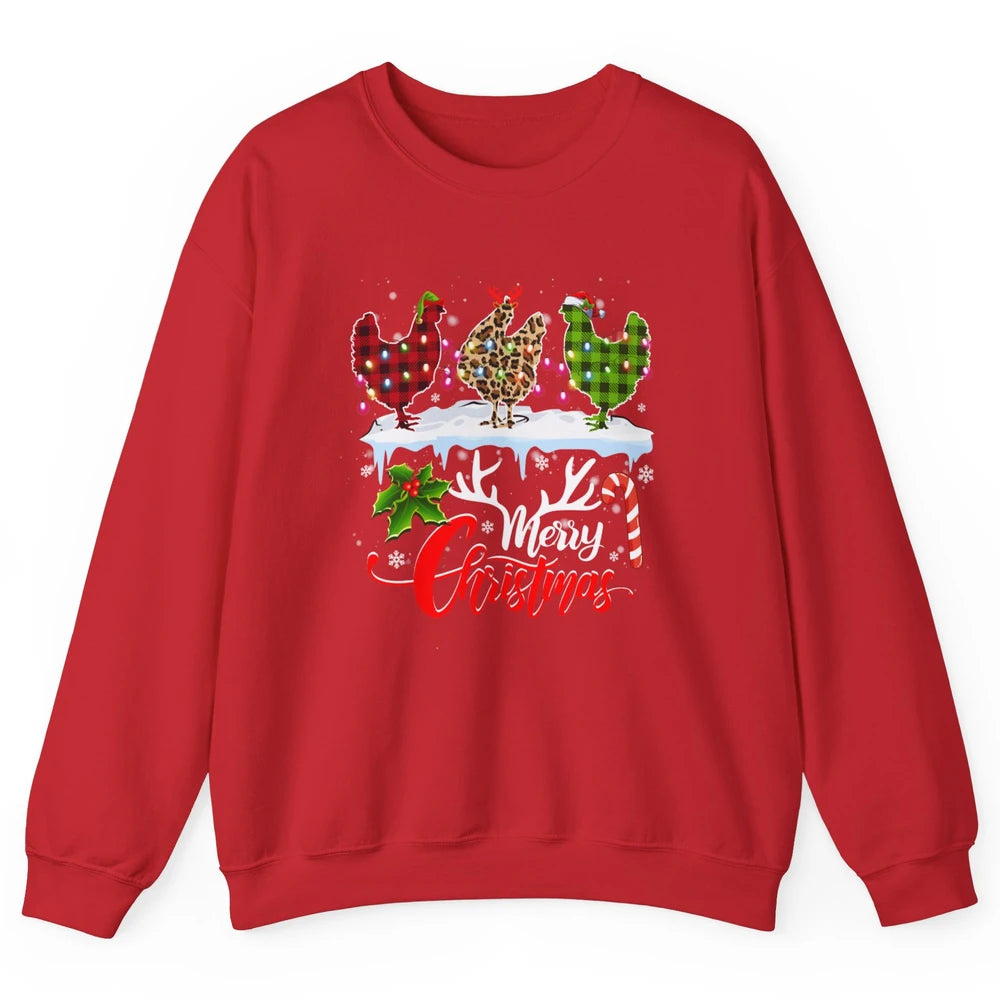 Merry Christmas Three Chickens Buffalo Leopard Red Plaid Hen Unisex Crewneck Sweatshirt