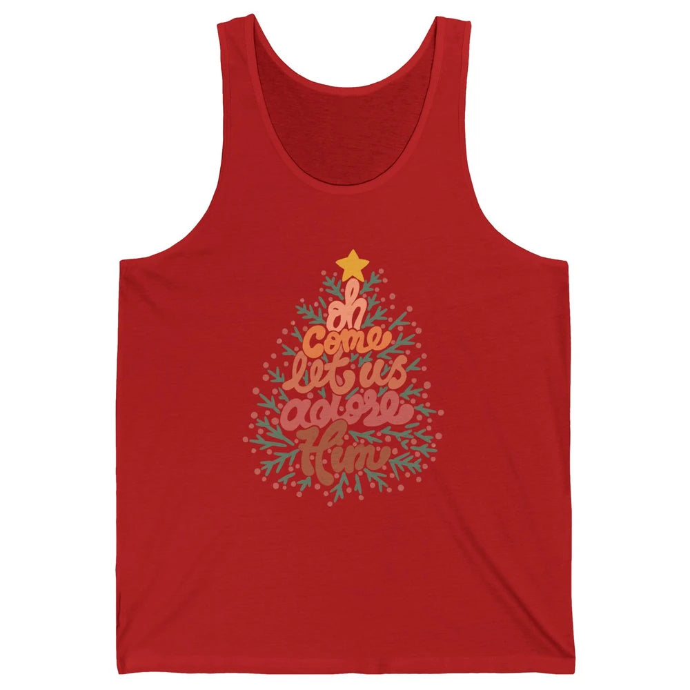 Retro Christmas Tree Oh Come Let Us Adore Him Groovy Xmas Unisex Jersey Tank