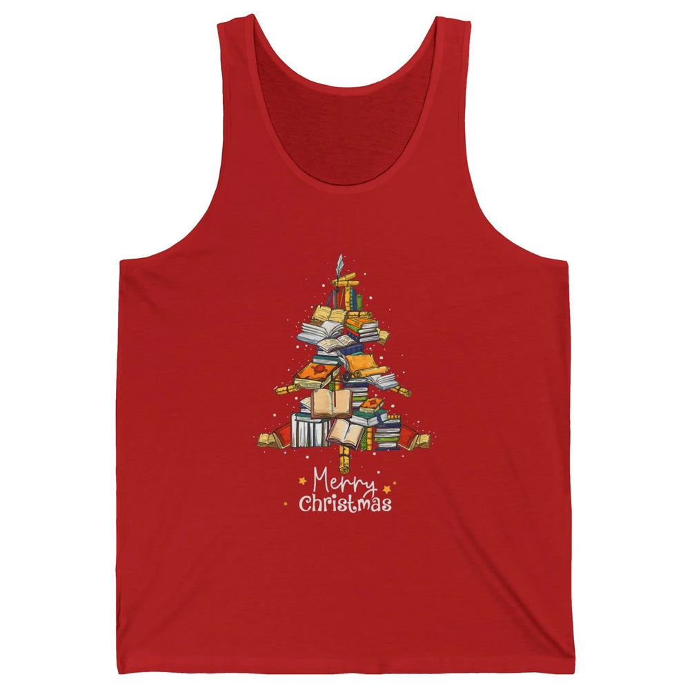 Merry Christmas Tree Reading Books Librarian Xmas Lighting Unisex Jersey Tank