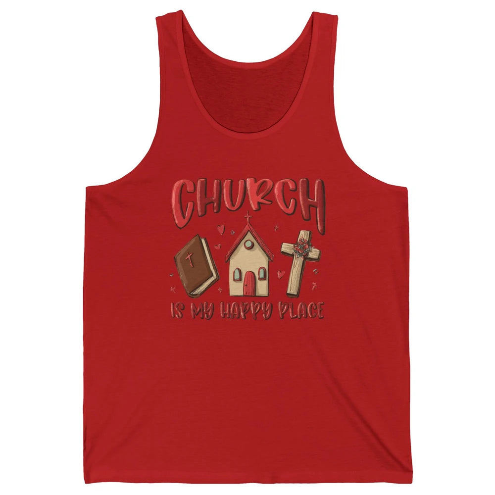 Retro Christmas Church Is My Happy Place Christian Hand Draw Unisex Jersey Tank