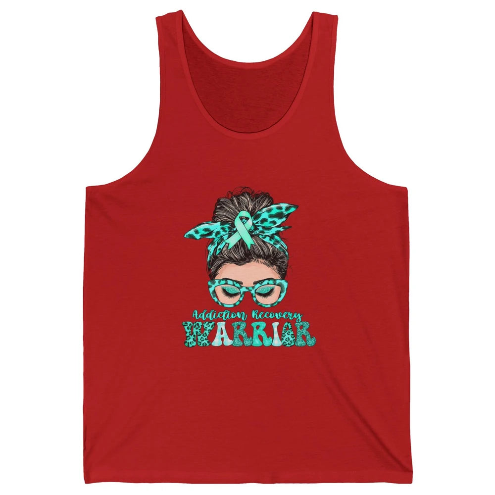 Addiction Recovery Awareness Warrior Leopard Messy Hair Bun Unisex Jersey Tank