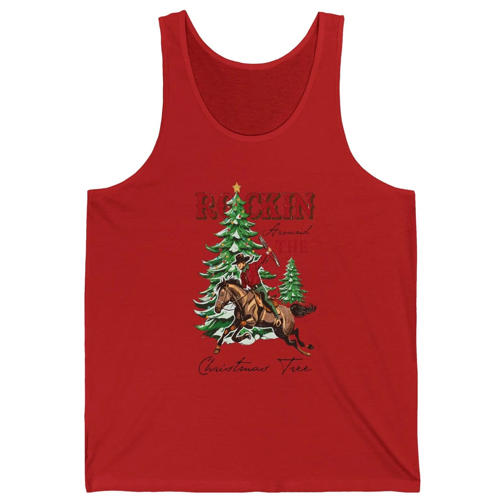 Retro Horsing Cowboy Rocking Around Christmas Tree Western Unisex Jersey Tank