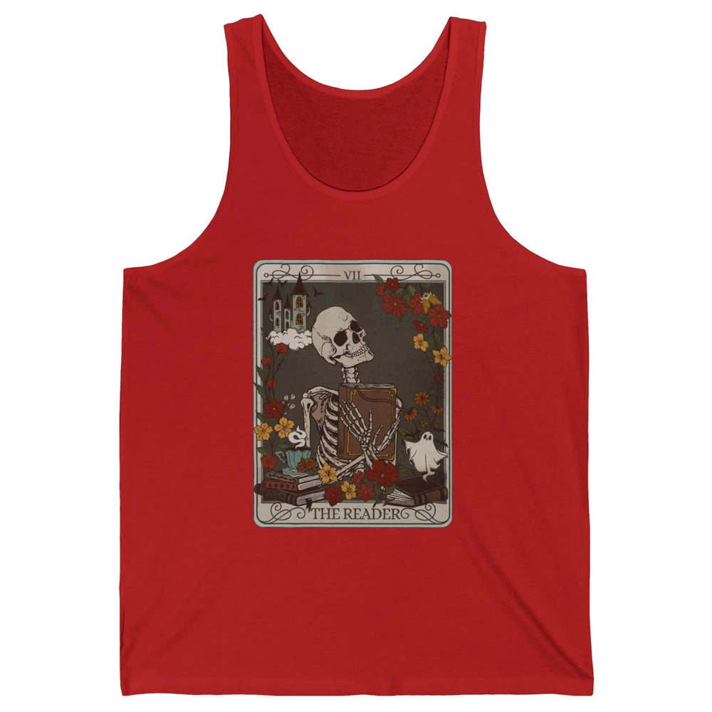Retro Skeleton Reading Books The Reader Tarot Card Halloween Unisex Jersey Tank