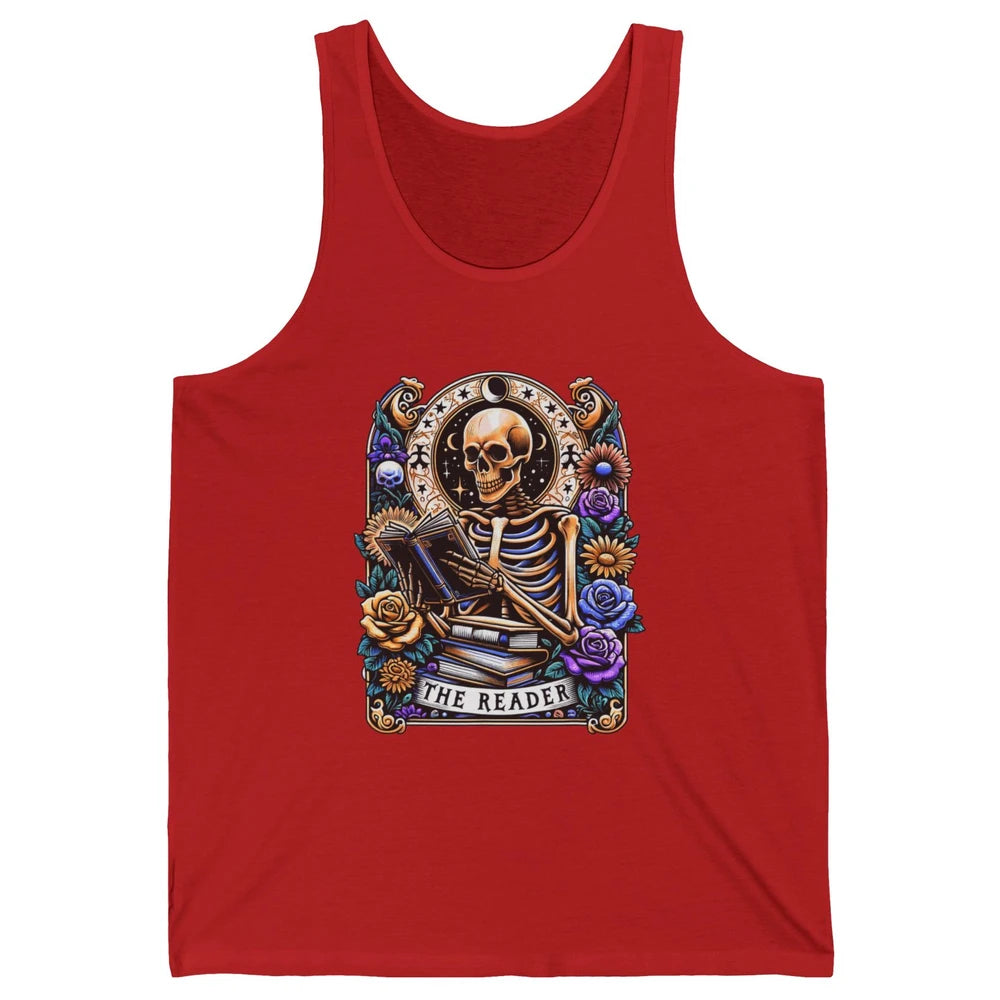 The Reader Tarot Card Halloween Reading Book Skeleton Floral Skull Bookish Bookworm Unisex Jersey Tank