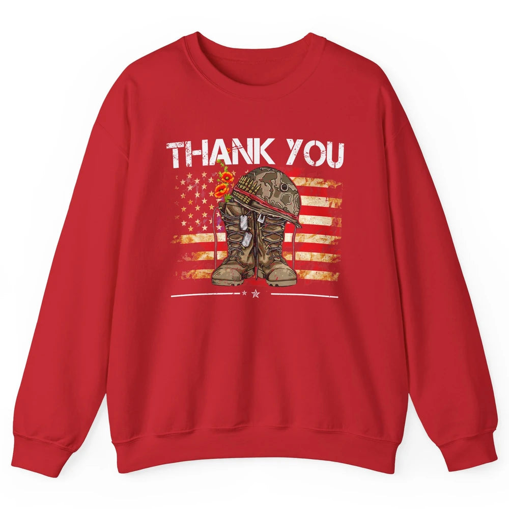 Vintage Veteran US Flag Thank You Military Boot Memorial Day Unisex Crewneck Sweatshirt