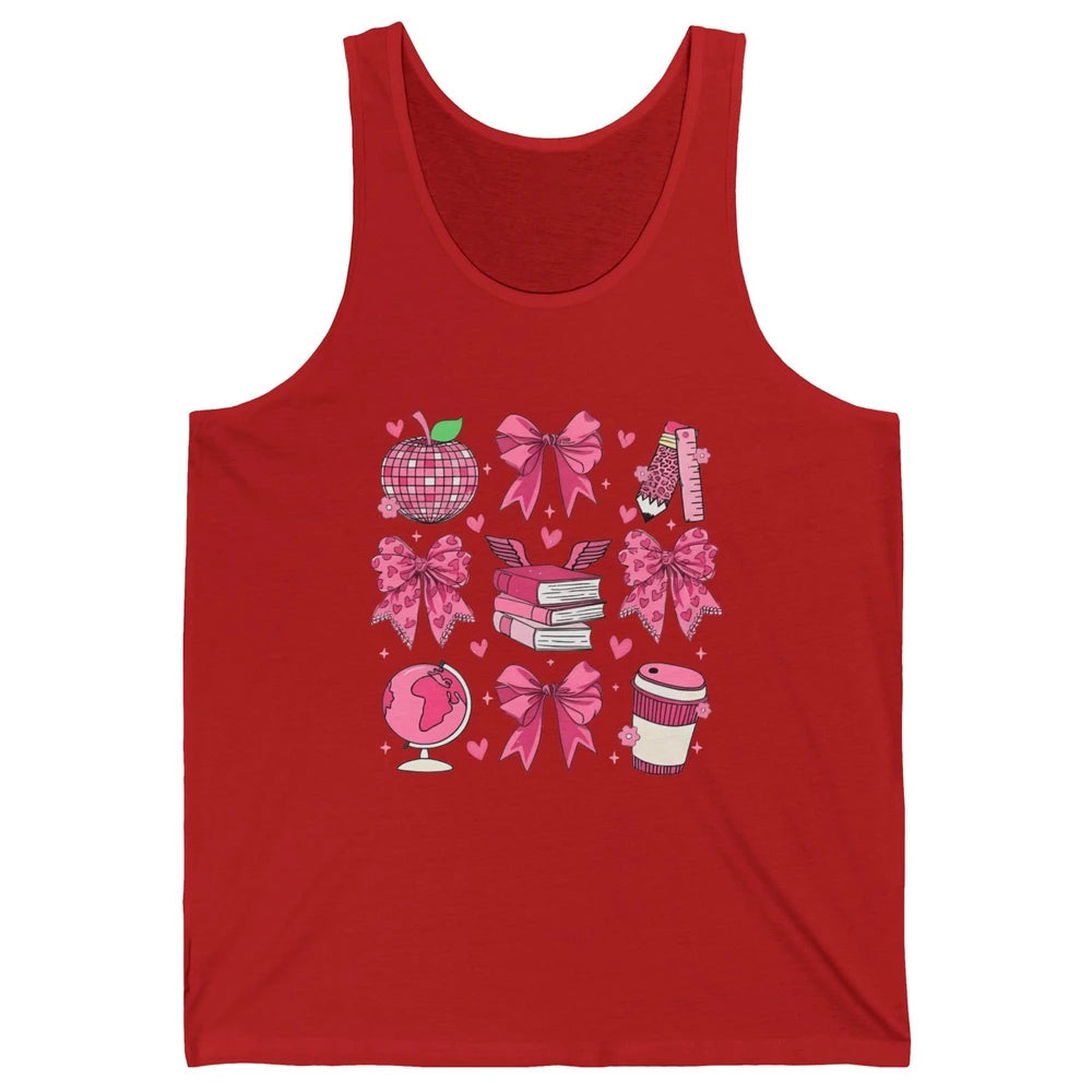 Cute Set Of Bows Coquette Coffee Apple Pink Valentine's Day Love Leopard Heart Back To School Latte Book Teacher Students Unisex Jersey Tank