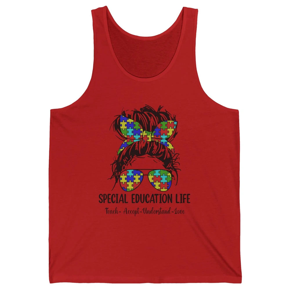 Special Education Teacher Messy Bun Autism Teach Accept Love Unisex Jersey Tank