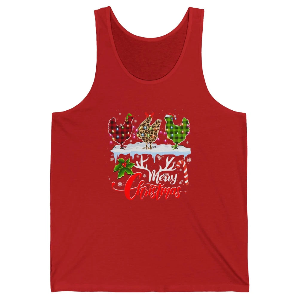 Merry Christmas Three Chickens Buffalo Leopard Red Plaid Hen Unisex Jersey Tank