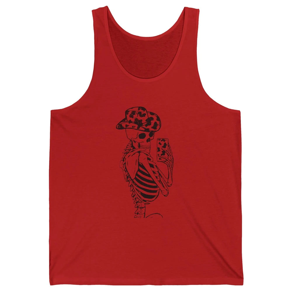 Funny Skeleton Cowgirl Selfie Cow Print Cowboy Hat Western Unisex Jersey Tank