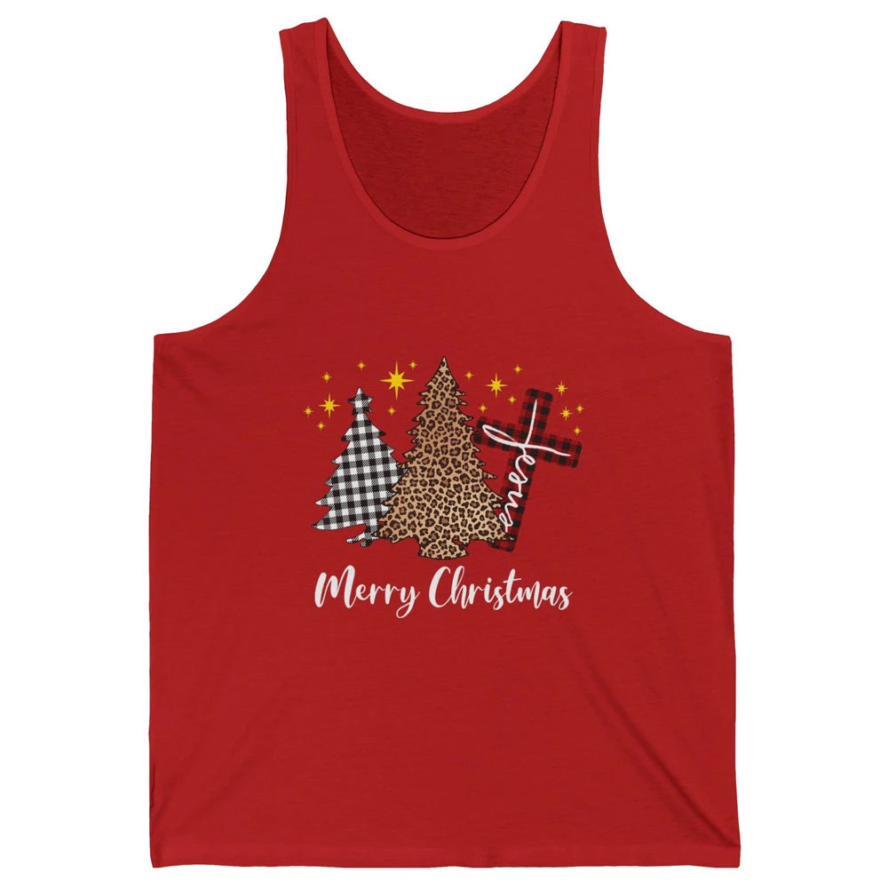 Merry Christmas Xmas Tree Cross Red Plaid Christian Leopard Unisex Jersey Tank