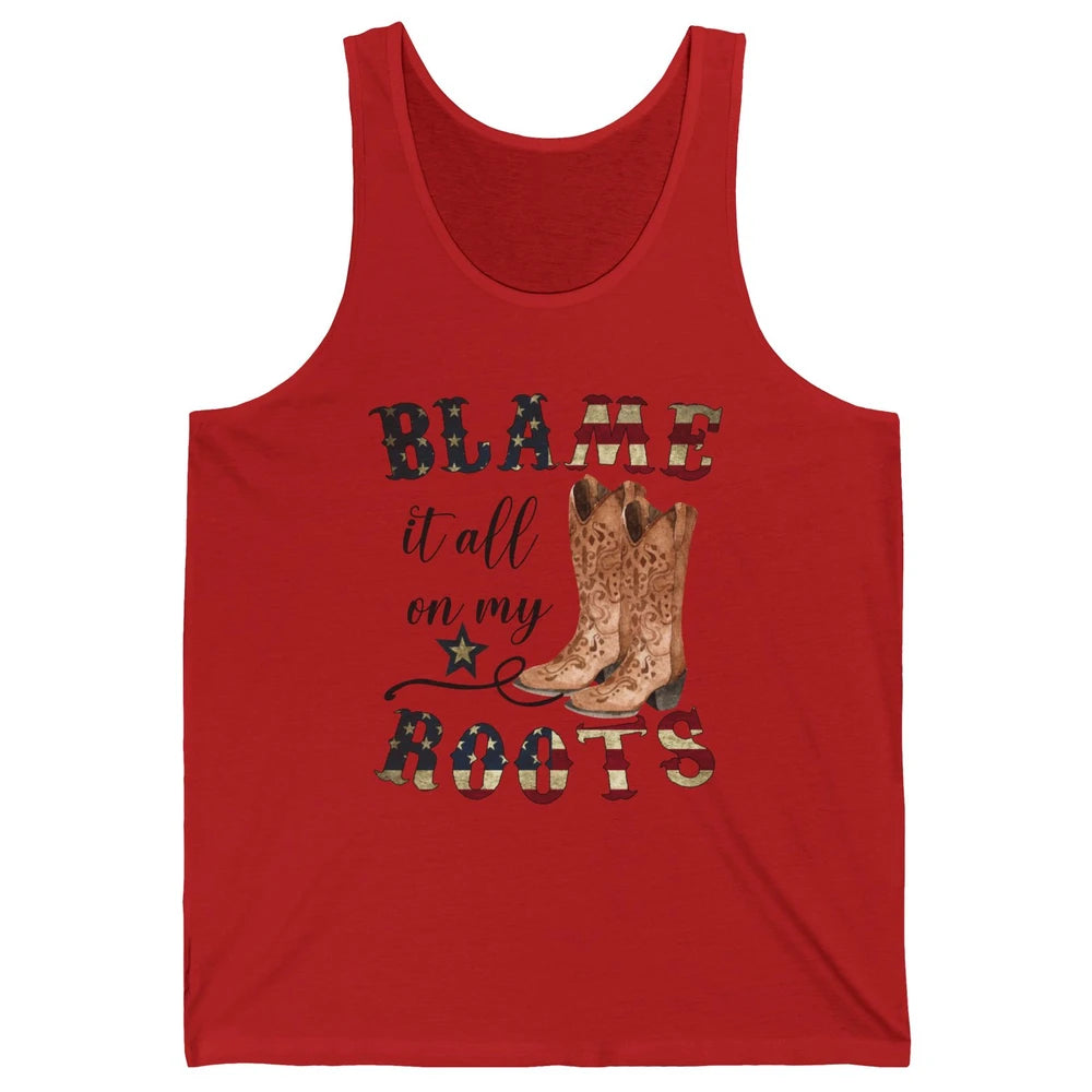 Retro US Flag Cowboy Boots Blame It All On My Roots Western Unisex Jersey Tank