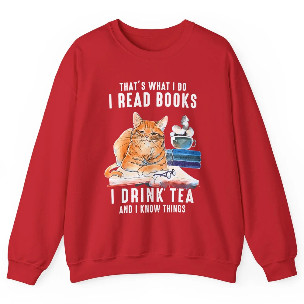 Funny That What I Do I Read Books Drink Tea And I Know Things Sarcastic Orange Cat Book Reader Kitten Bookworm Unisex Crewneck Sweatshirt