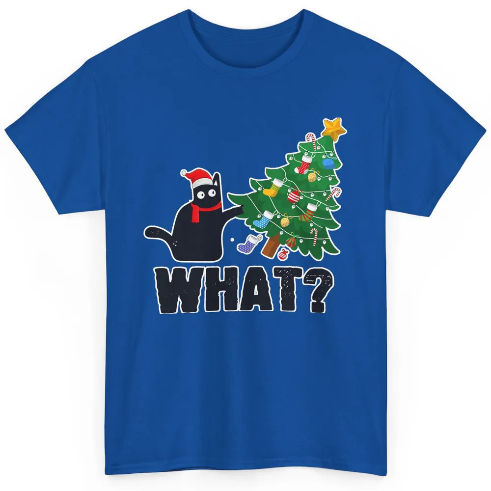 Black Cat Pushing Christmas Tree What Xmas Lights Santa Hat Classic Unisex T-Shirt