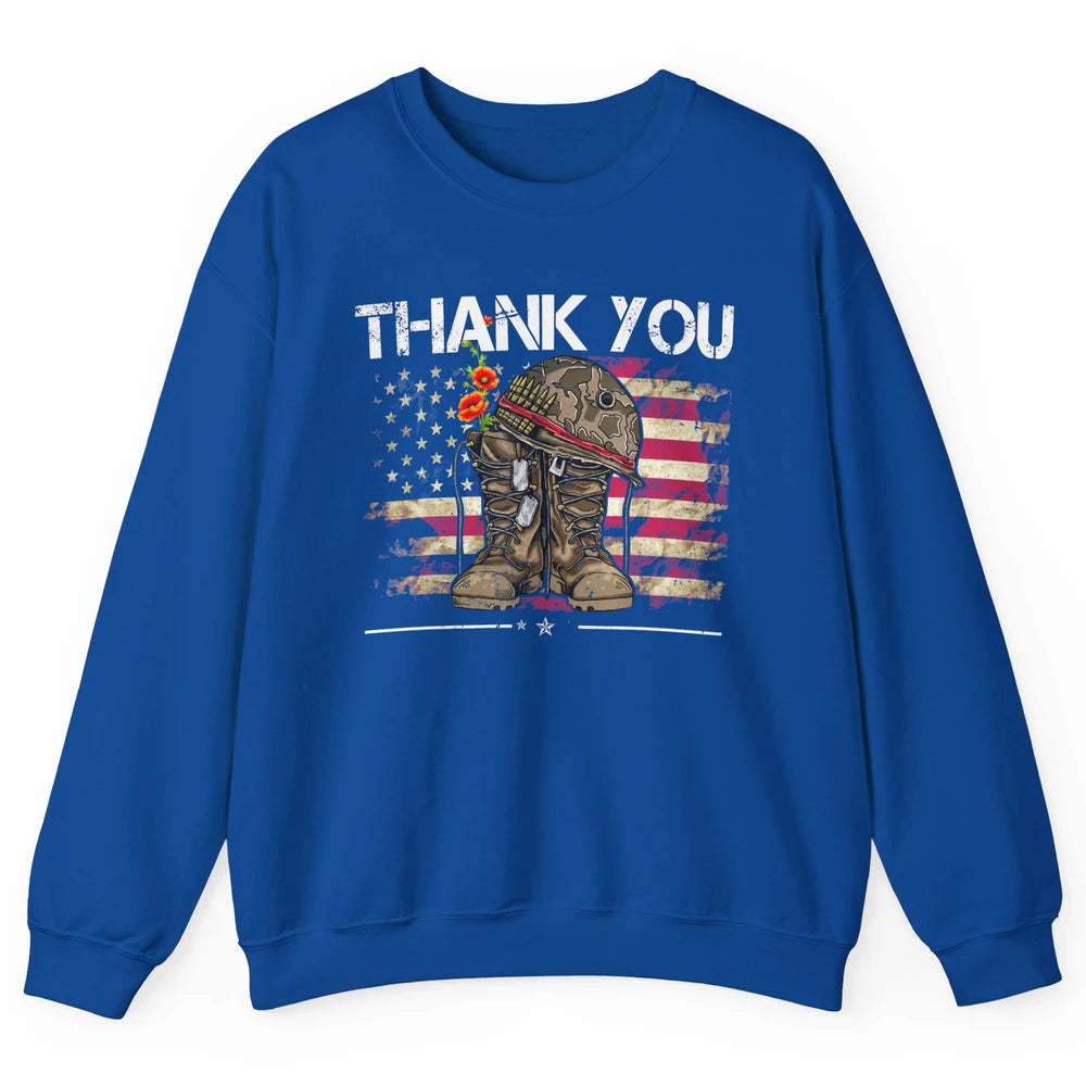 Vintage Veteran US Flag Thank You Military Boot Memorial Day Unisex Crewneck Sweatshirt