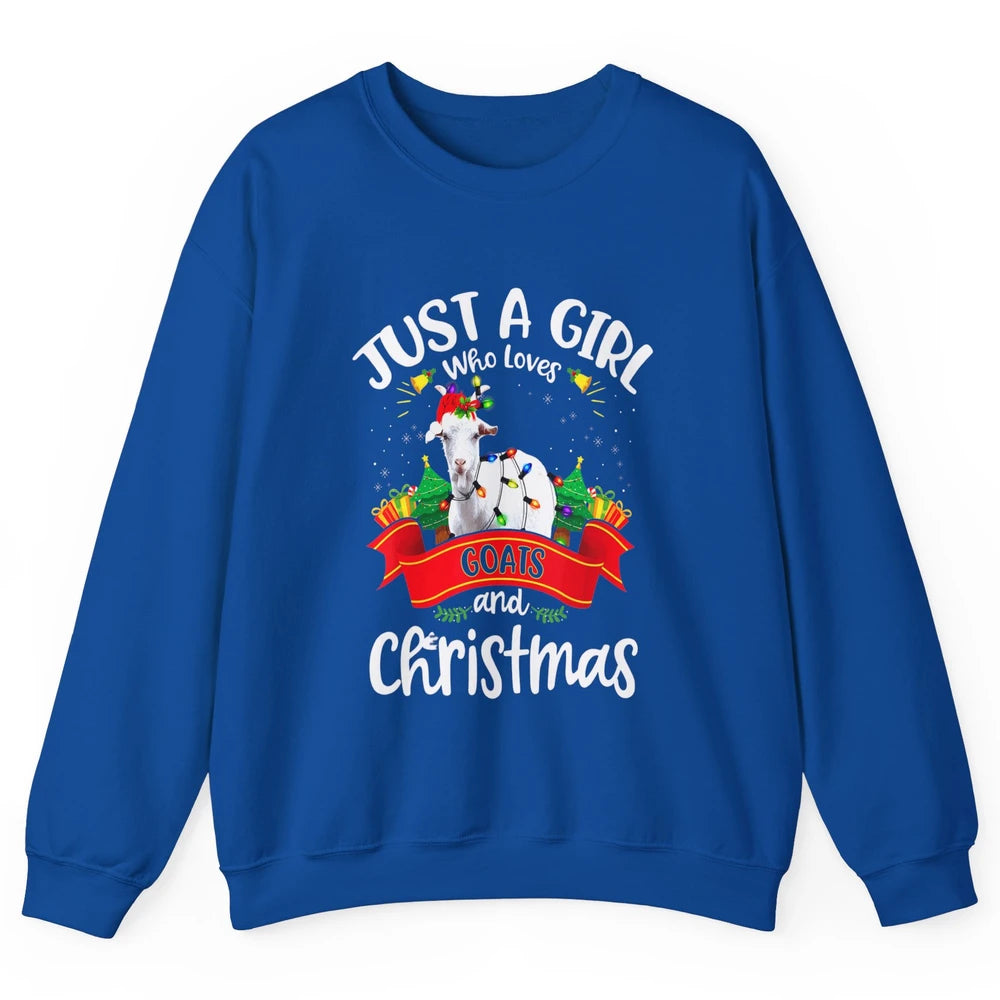 Merry Christmas Just Girl Loves Goat And Xmas Tree Lights Unisex Crewneck Sweatshirt