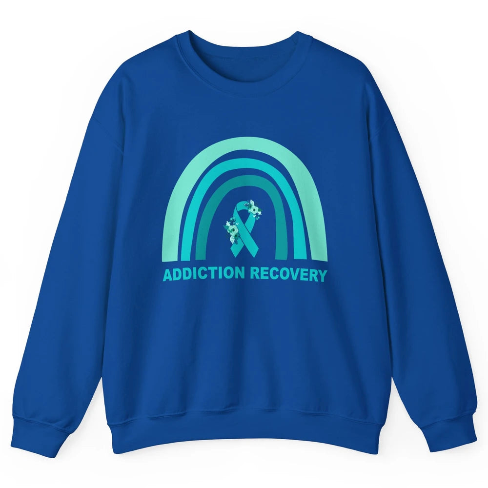 Addiction Recovery Awareness Floral Teal Ribbon Rainbow Unisex Crewneck Sweatshirt