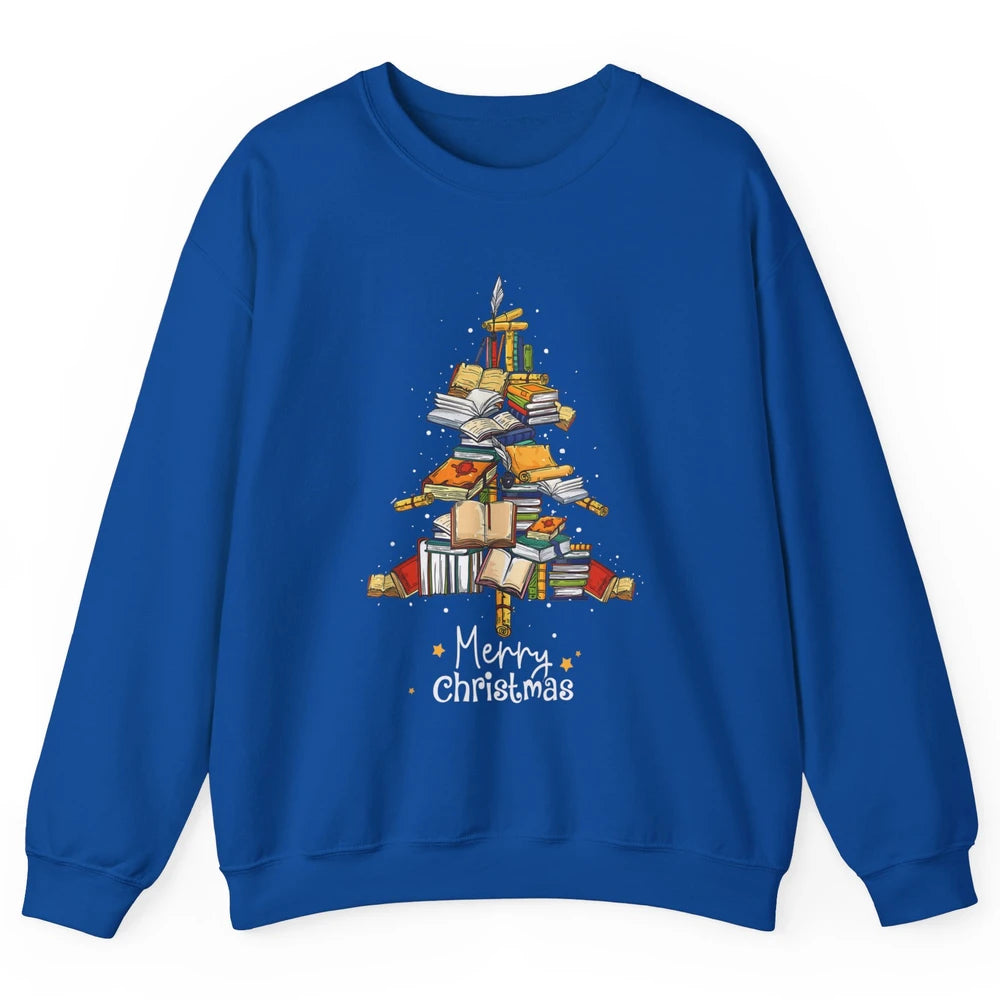 Merry Christmas Tree Reading Books Librarian Xmas Lighting Unisex Crewneck Sweatshirt