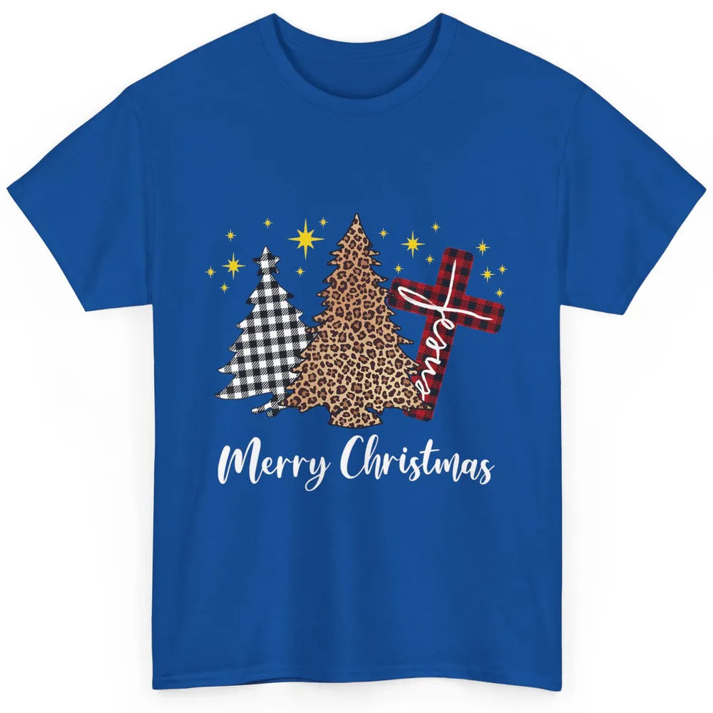 Merry Christmas Xmas Tree Cross Red Plaid Christian Leopard Classic Unisex T-Shirt