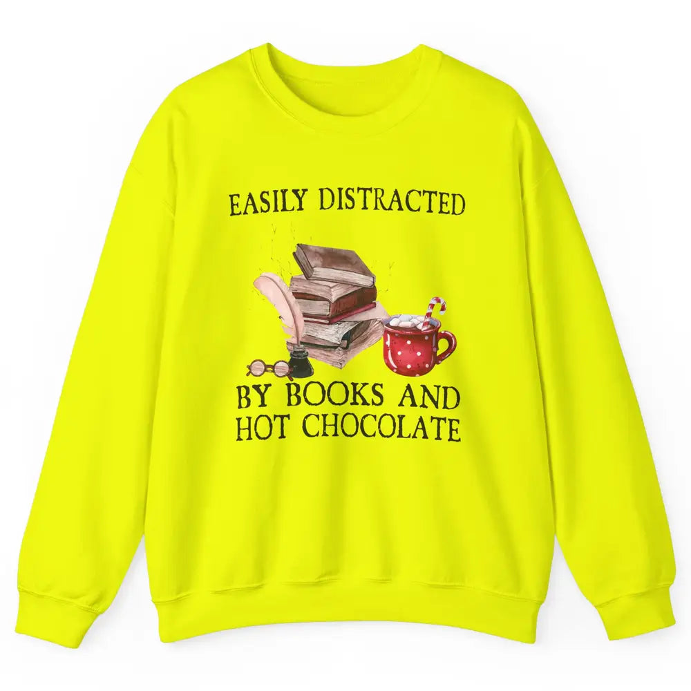 Retro Easily Distracted By Books And Hot Chocolate Christmas Unisex Crewneck Sweatshirt