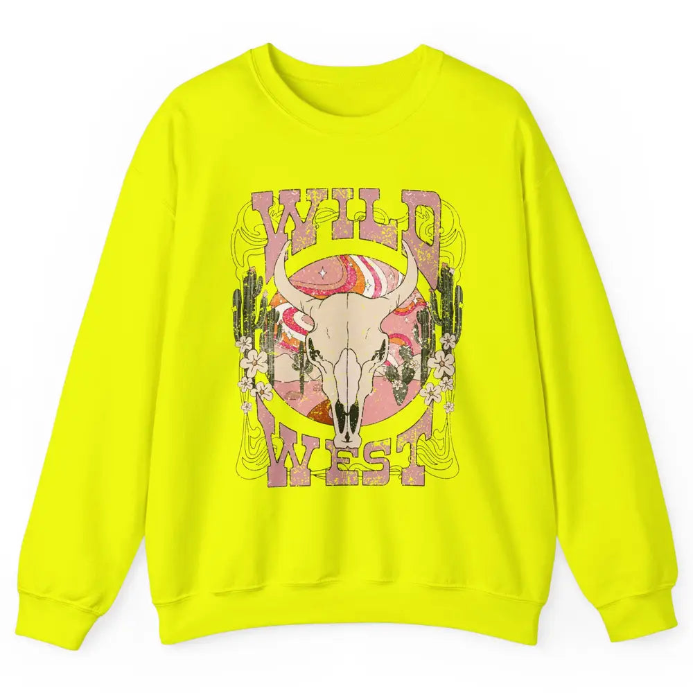 Retro Rainbow Desert Bull Skull Wild West Western Country Unisex Crewneck Sweatshirt