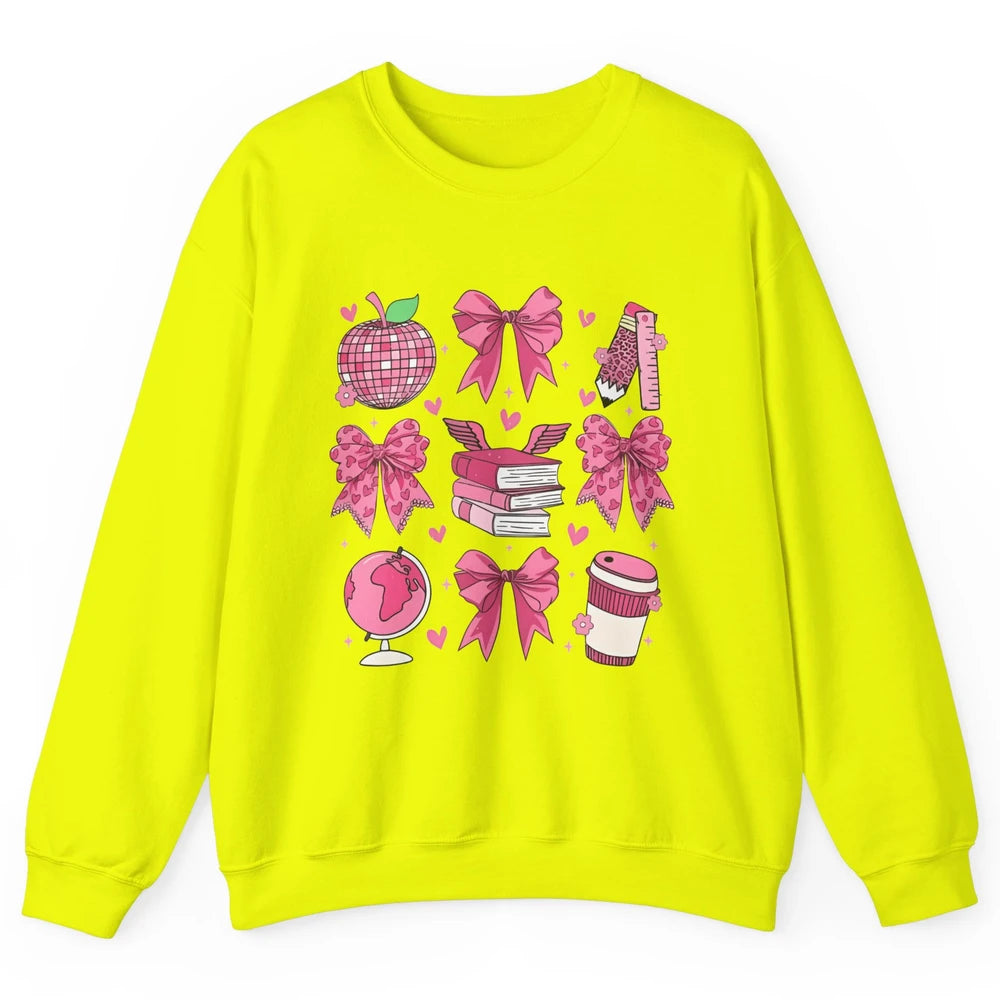 Cute Set Of Bows Coquette Coffee Apple Pink Valentine's Day Love Leopard Heart Back To School Latte Book Teacher Students Unisex Crewneck Sweatshirt