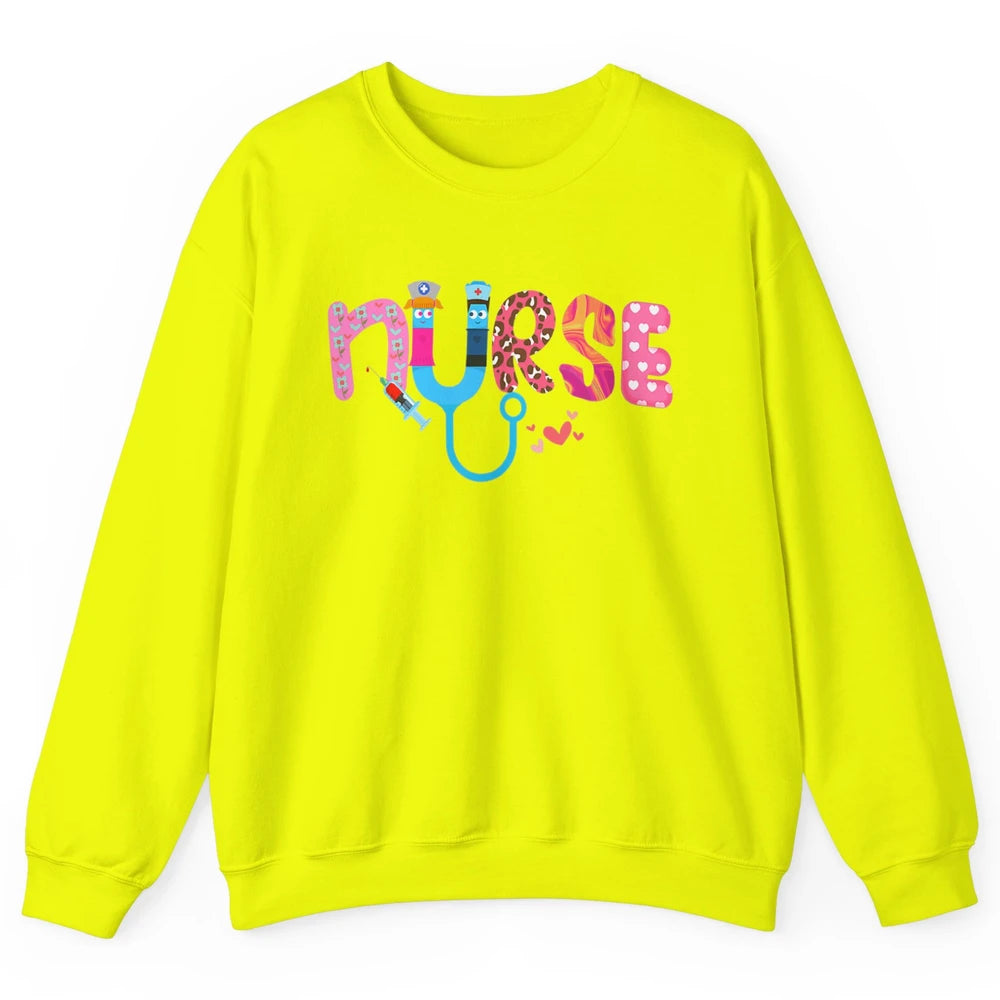 Nurse Happy Valentine's Day Love ER ICU NICU Emergency Nursing Leopard Stethoscope Love Needles Unisex Crewneck Sweatshirt