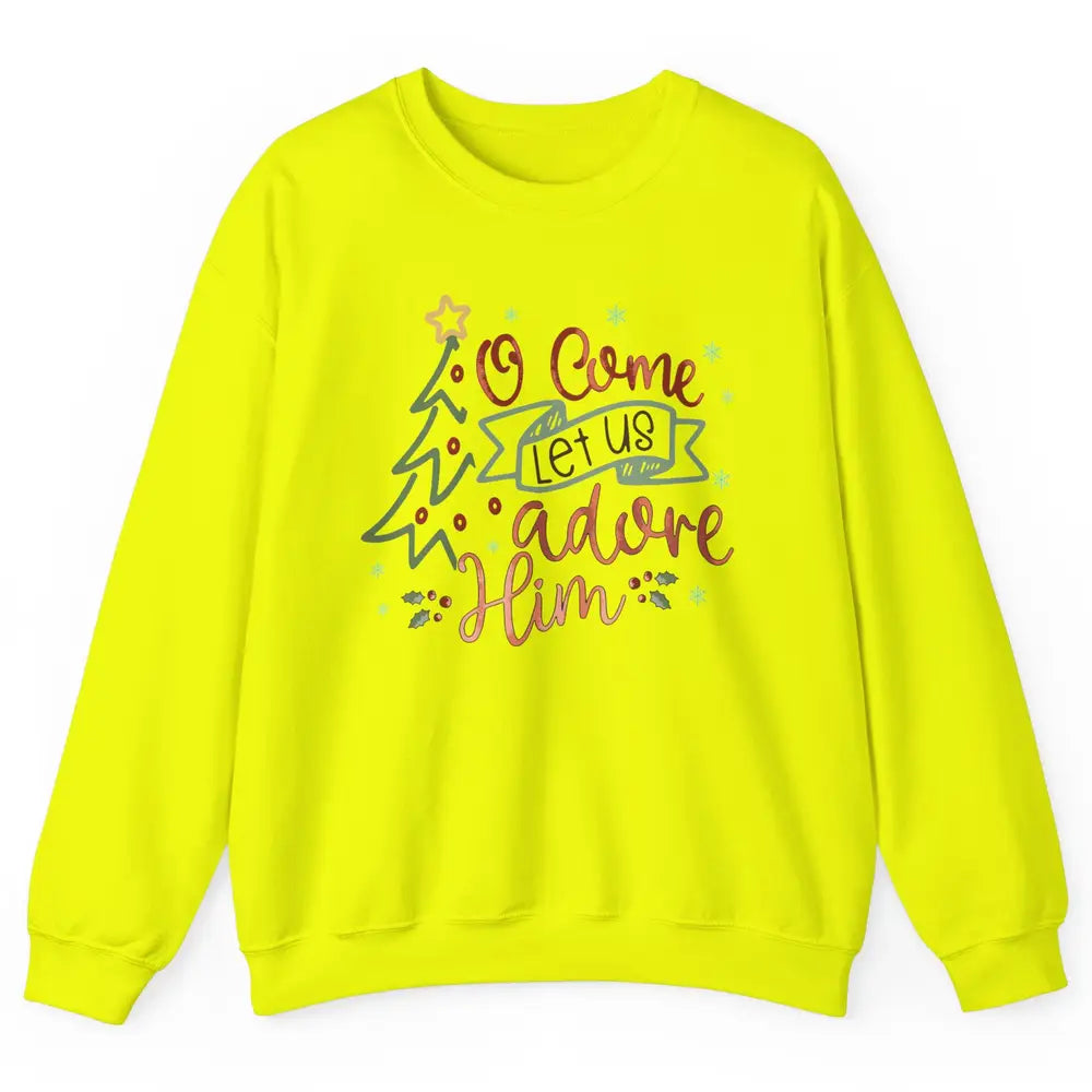 Retro Christmas Tree O Come Let Us Adore Him Christian Jesus Unisex Crewneck Sweatshirt