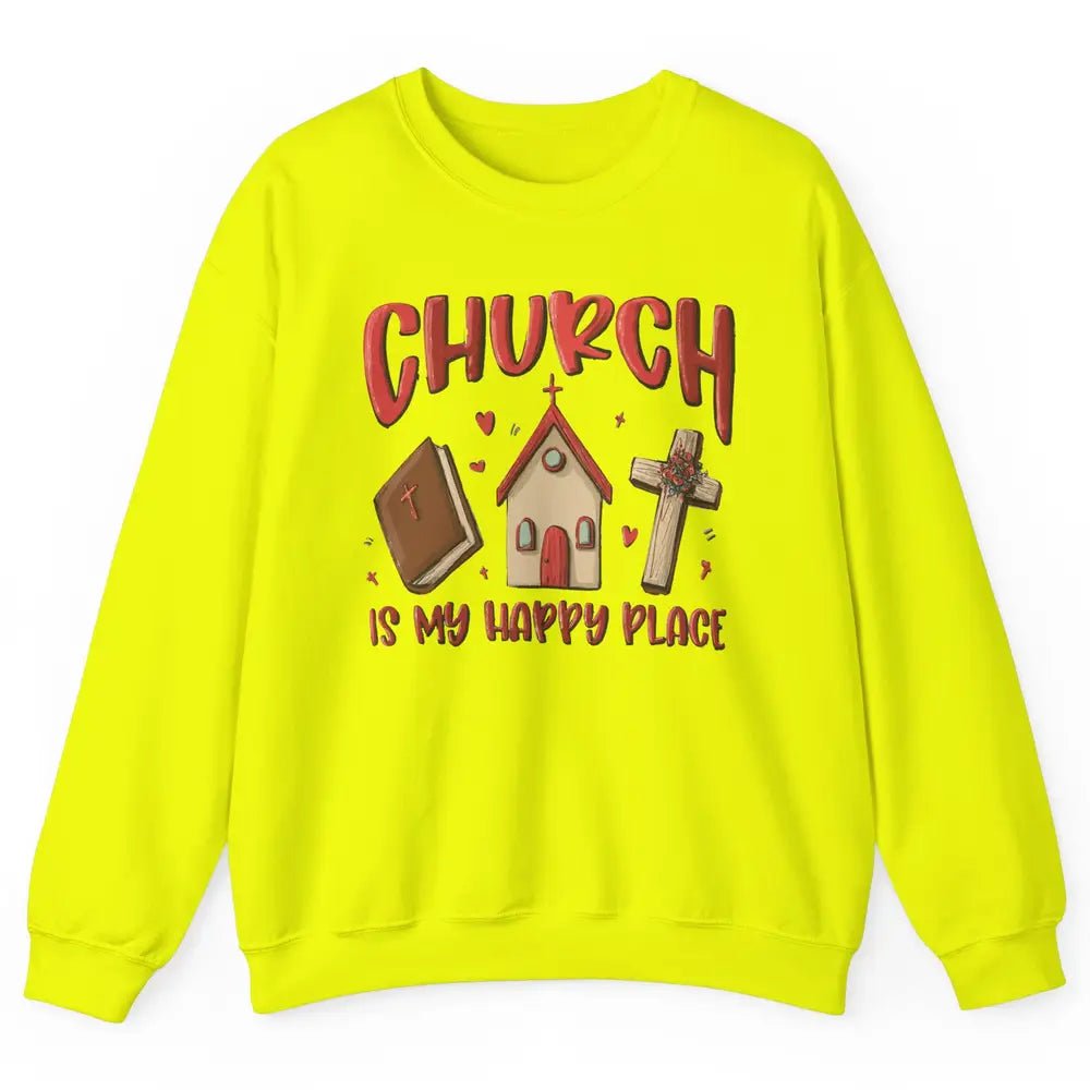 Retro Christmas Church Is My Happy Place Christian Hand Draw Unisex Crewneck Sweatshirt