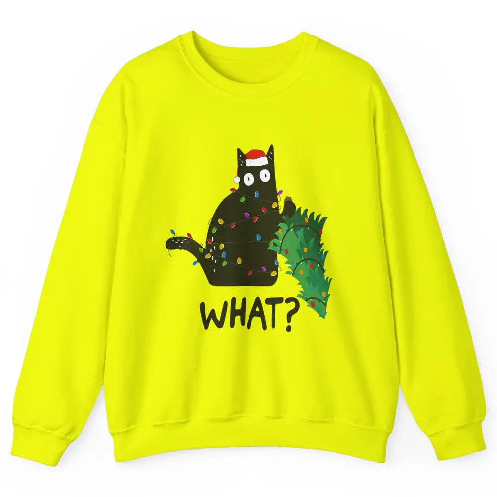 Black Cat Pushing Christmas Tree What Xmas Lights Santa Hat Unisex Crewneck Sweatshirt