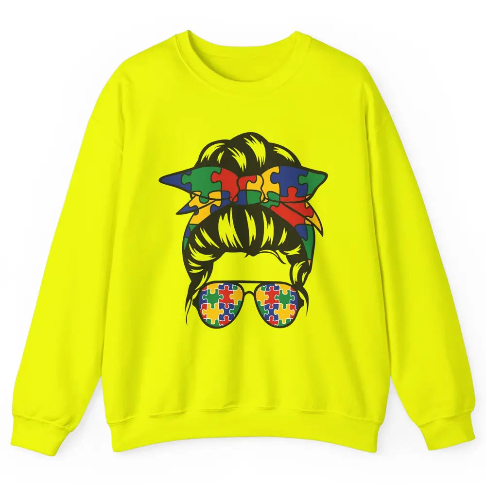 Autism Mom With Bandana Puzzle Autism Ribbon Support Autism Unisex Crewneck Sweatshirt