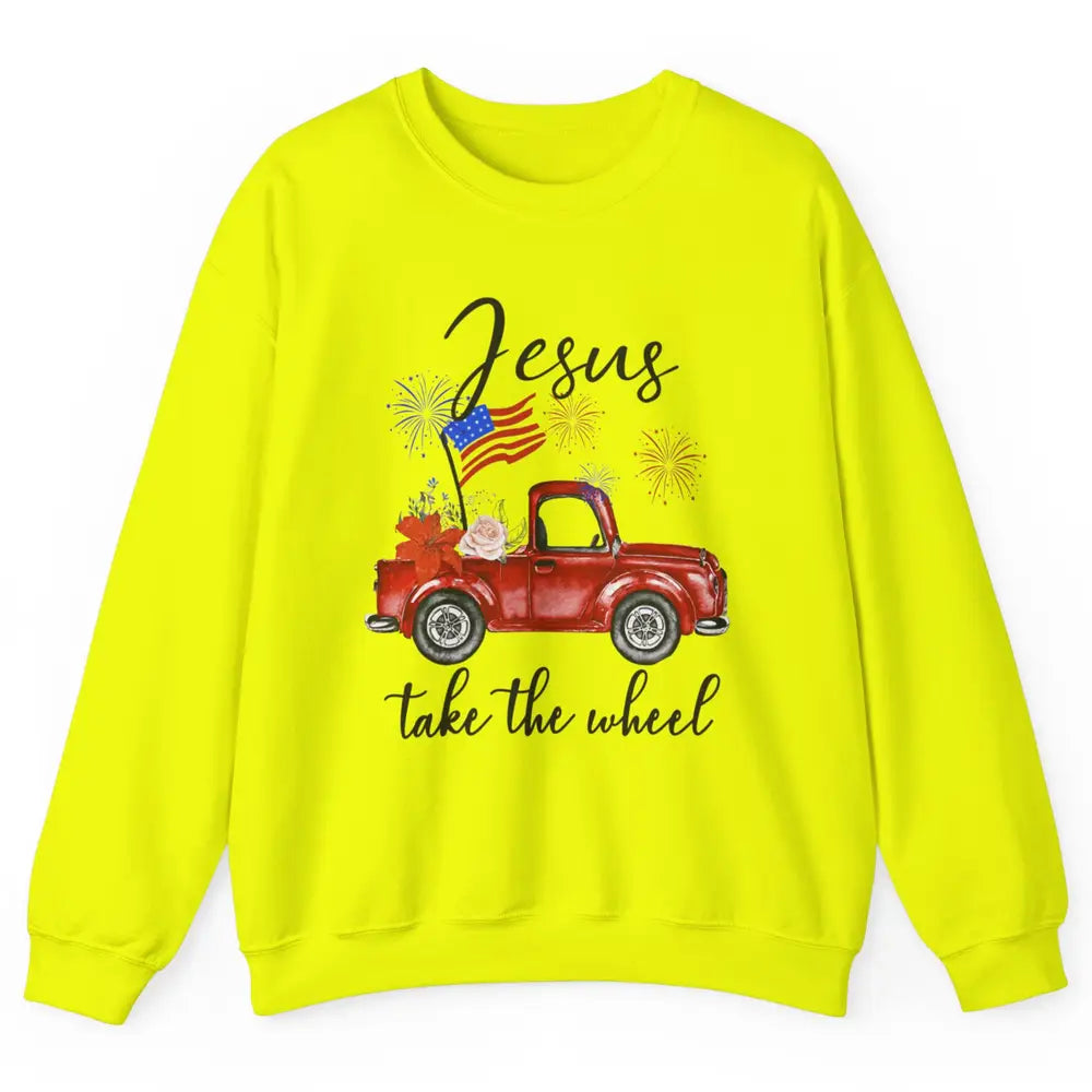 4th Of July Jesus Take The Wheel Red Truck Watercolor God Unisex Crewneck Sweatshirt
