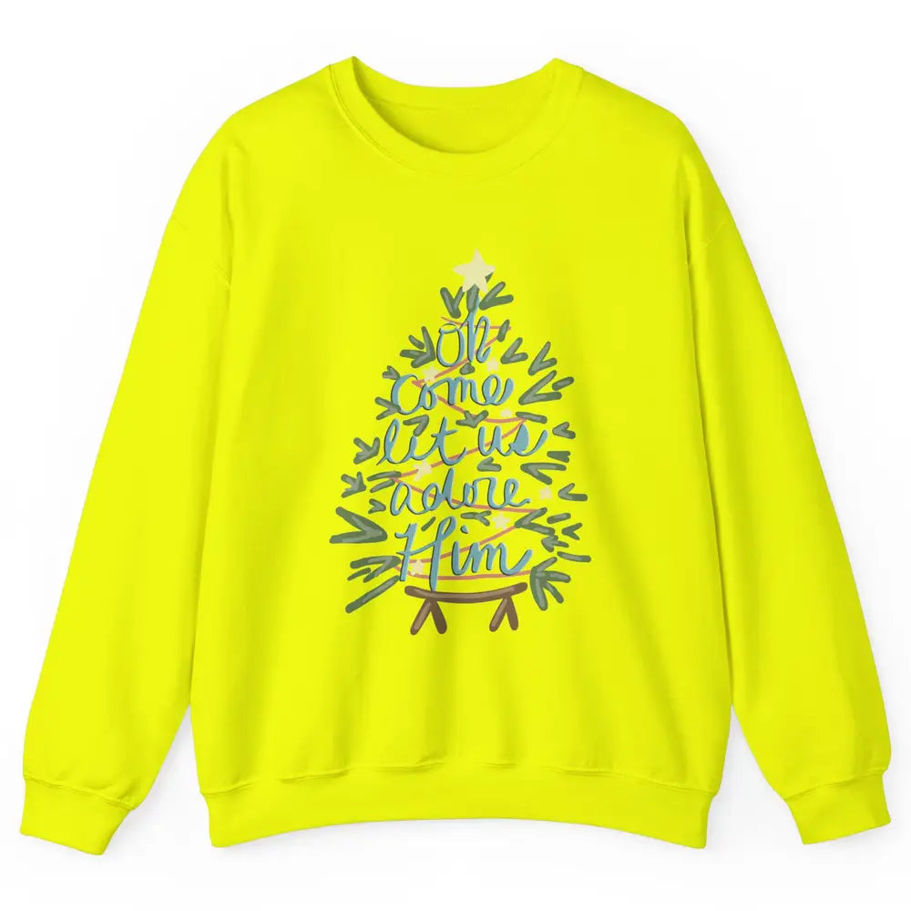 Retro Christmas Tree Oh Come Let Us Adore Him Groovy Xmas Unisex Crewneck Sweatshirt
